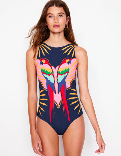 Slash Neck Tie Swimsuit-Navy Paradise Parrot-2