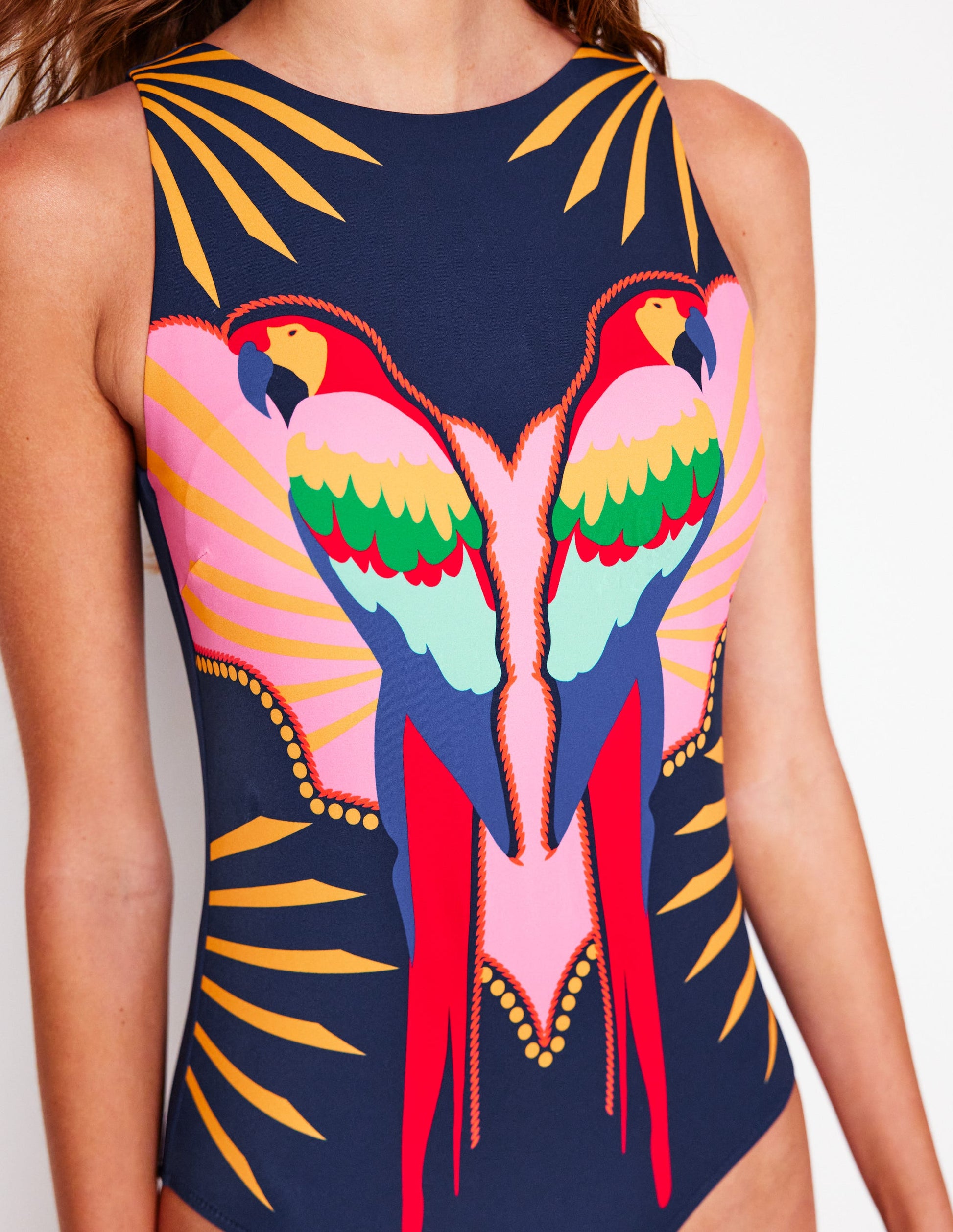 Slash Neck Tie Swimsuit-Navy Paradise Parrot-3
