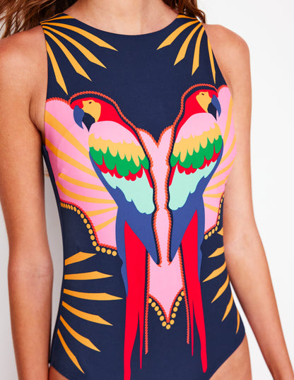 Slash Neck Tie Swimsuit-Navy Paradise Parrot-3