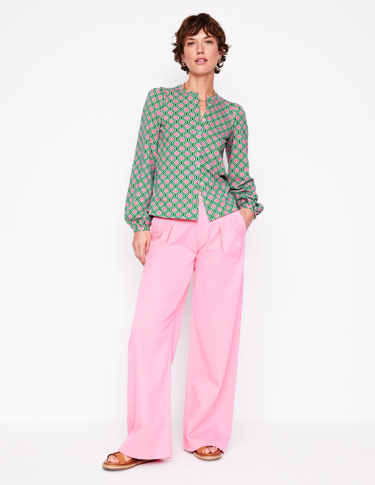 Marina Jersey Shirt-Rich Emerald, Geo Trellis - Image 1