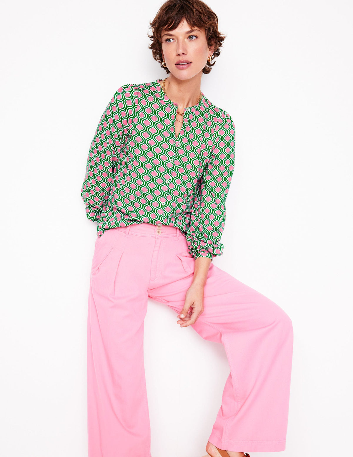 Marina Jersey Shirt-Rich Emerald, Geo Trellis - Image 5