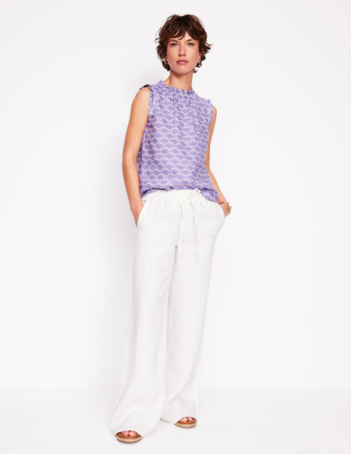 Sophie Ruffle Linen Top-Purple, Deco Palm - Image 2