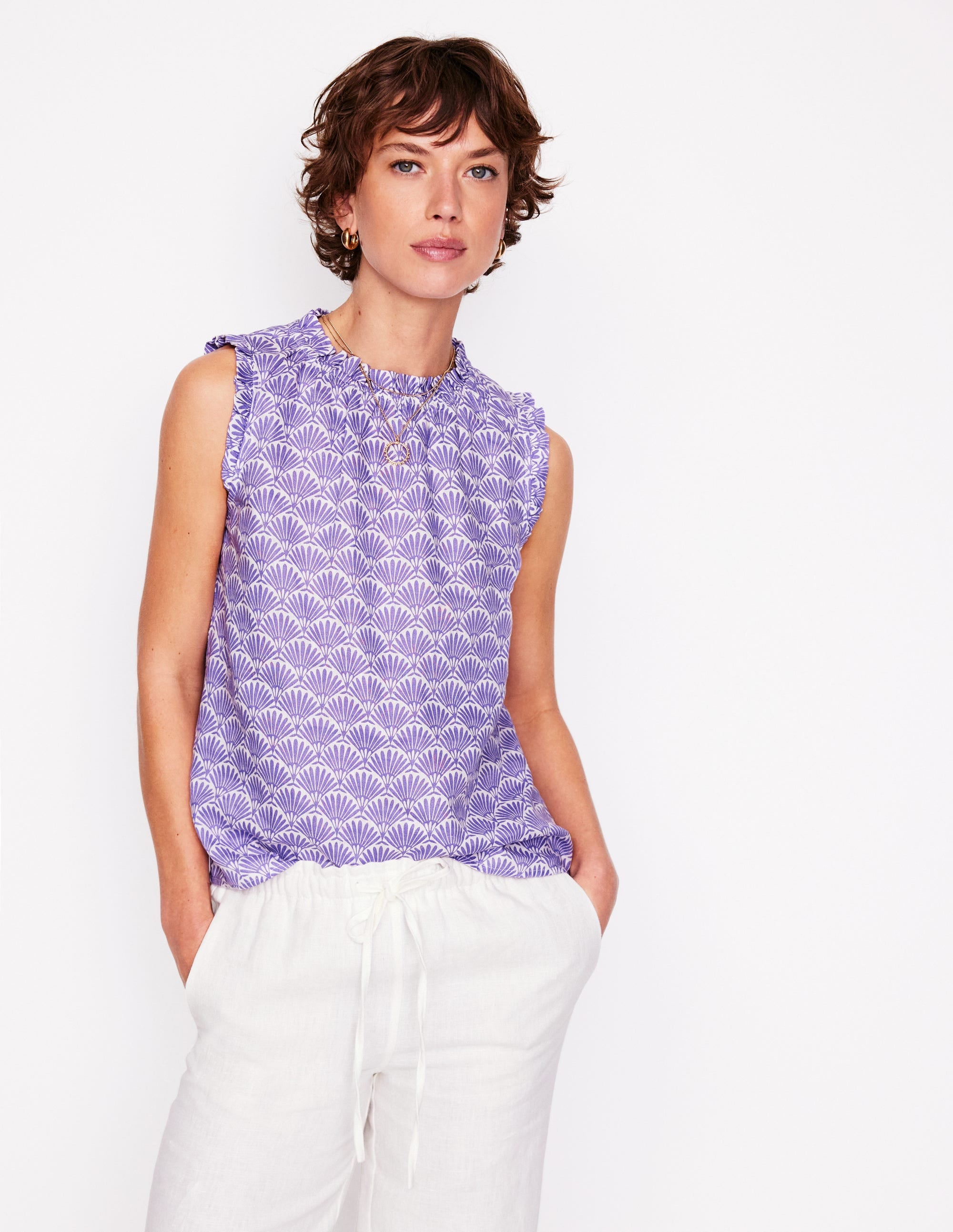 Sophie Ruffle Linen Top-Purple, Deco Palm - Image 5