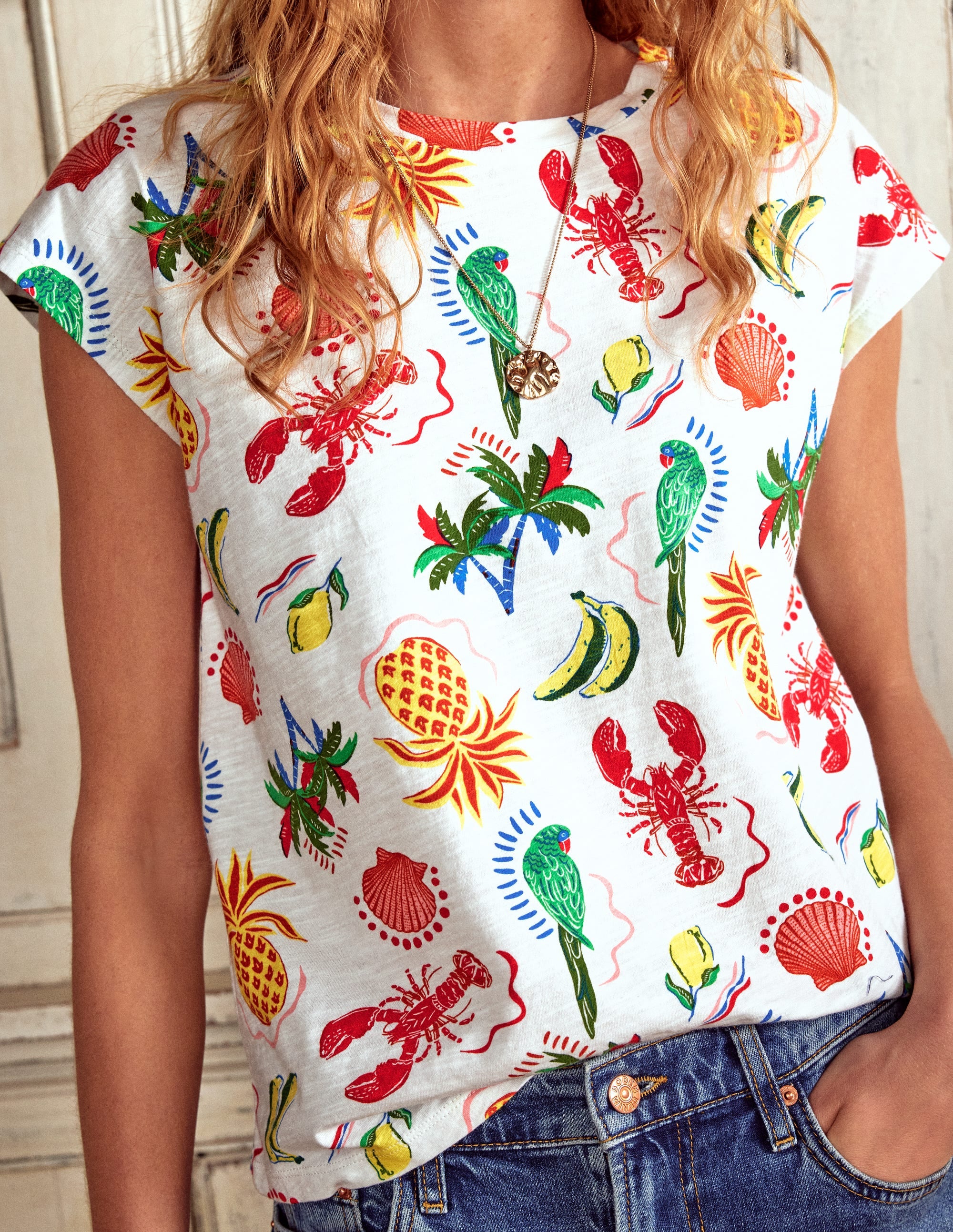 Louisa Cotton Slub T-shirt-Ivory, Tropical Bonanza - Image 2