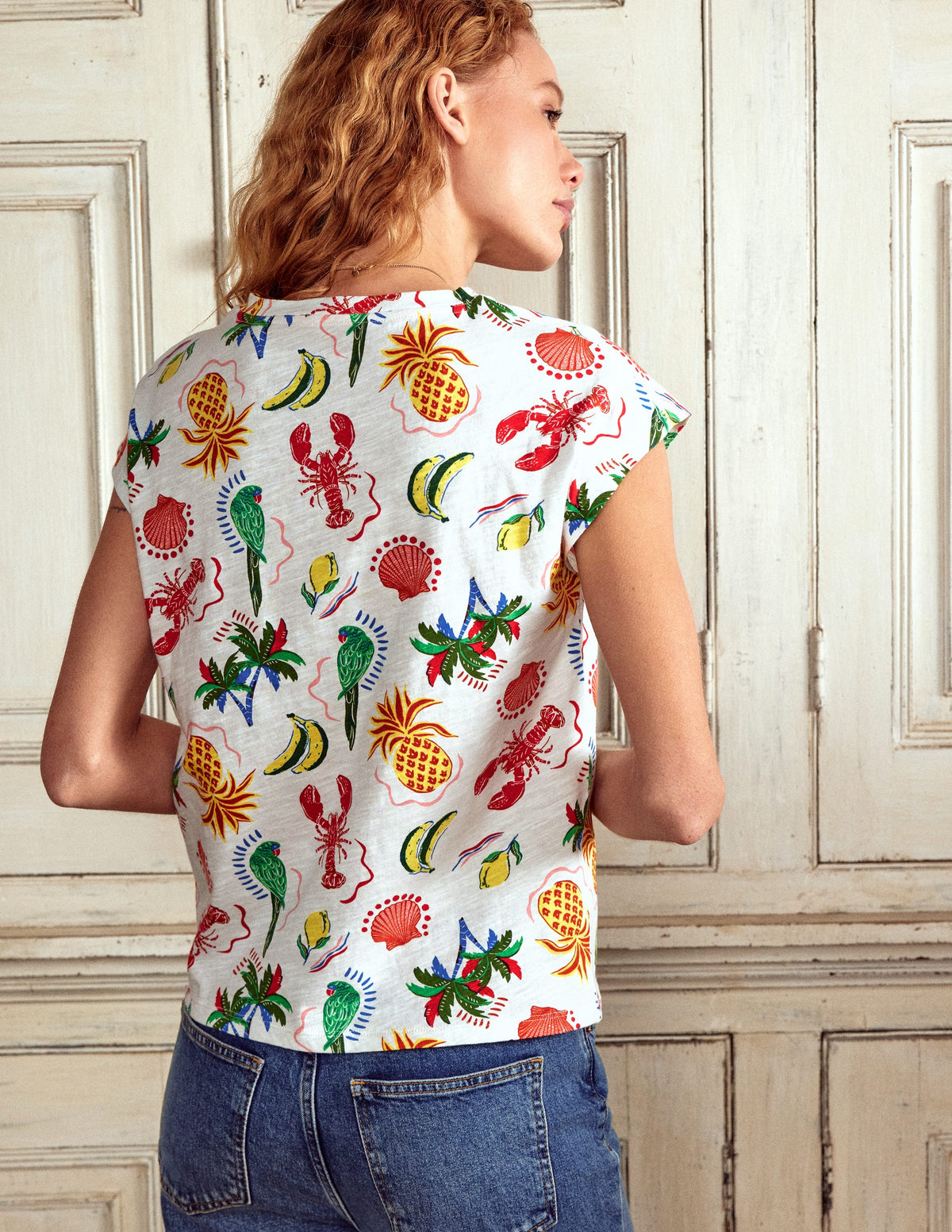 Louisa Cotton Slub T-shirt-Ivory, Tropical Bonanza - Image 3
