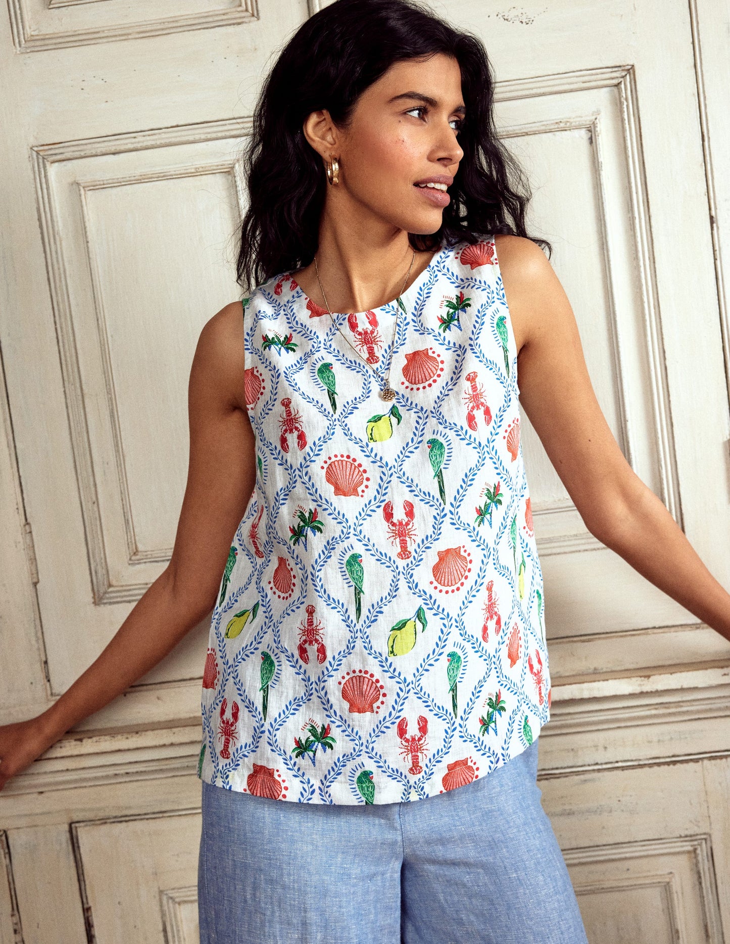 Linen Shell Top-Ivory, Tropical Bonanza