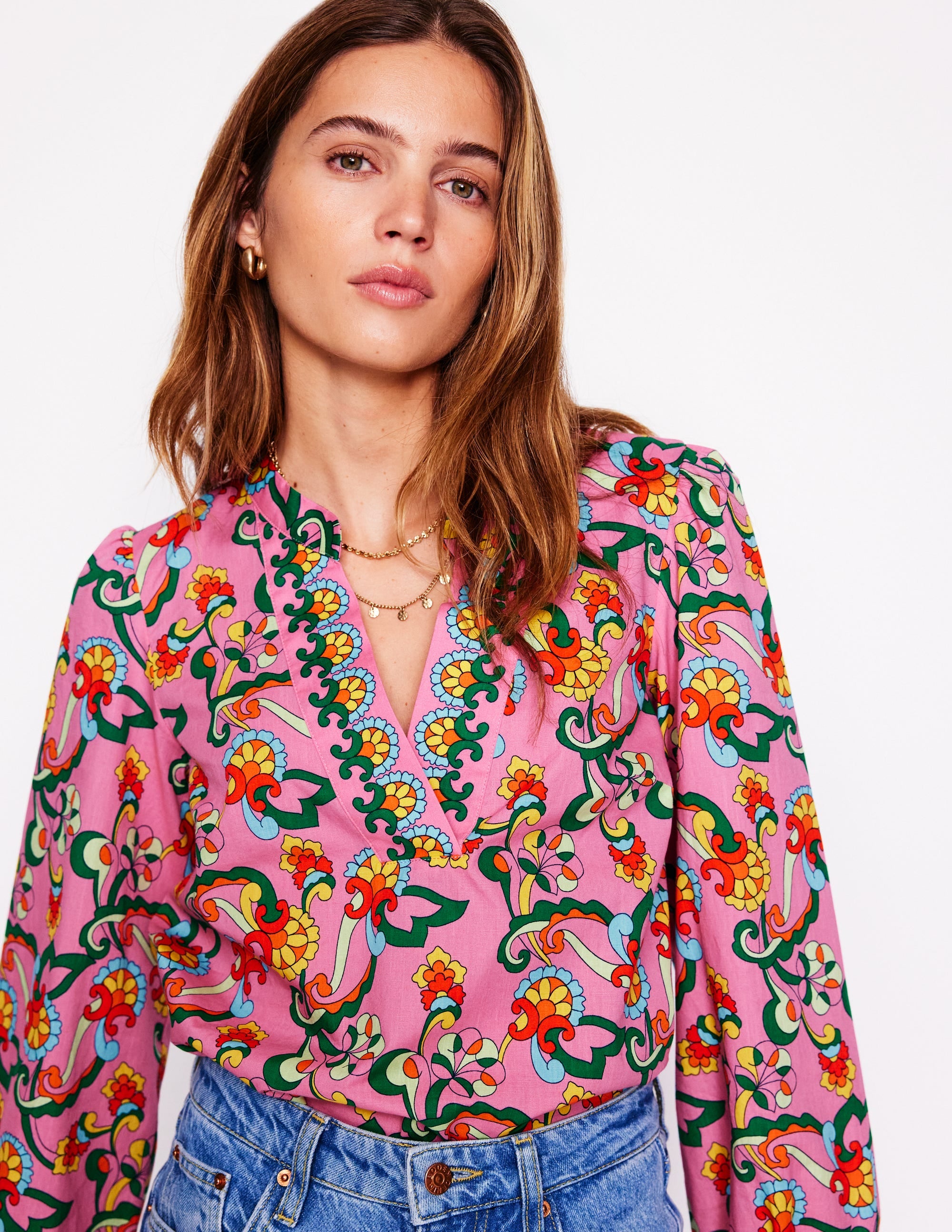 Cotton Notch Neck Top-Pink Rose, Foliage Trail - Image 2