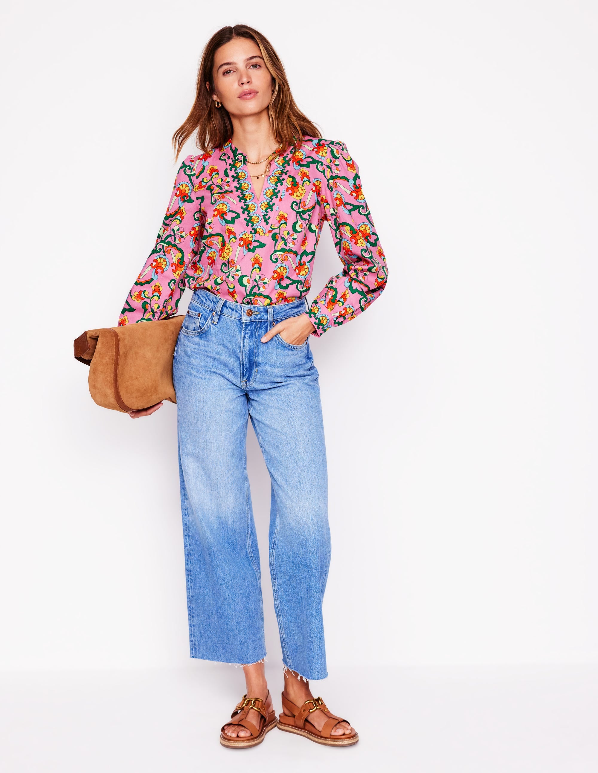 Cotton Notch Neck Top-Pink Rose, Foliage Trail - Image 5