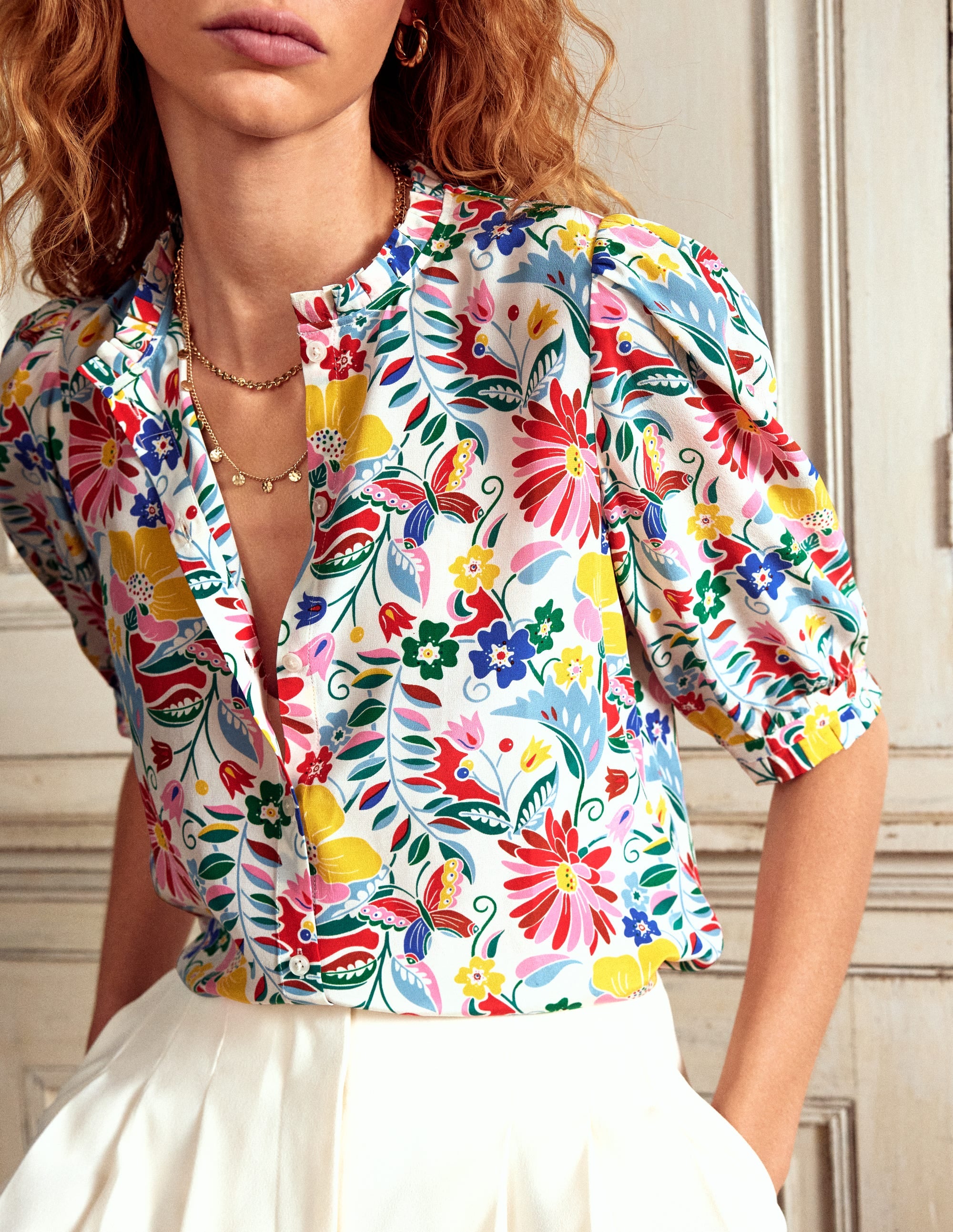 Frill Detail Silk Top-Multi, Wildflower Trail - Image 2