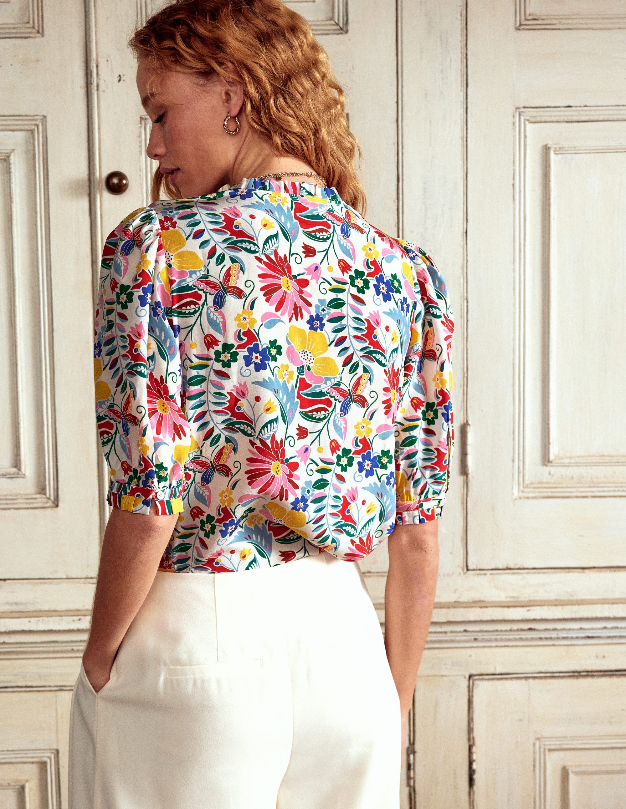 Frill Detail Silk Top-Multi, Wildflower Trail - Image 3