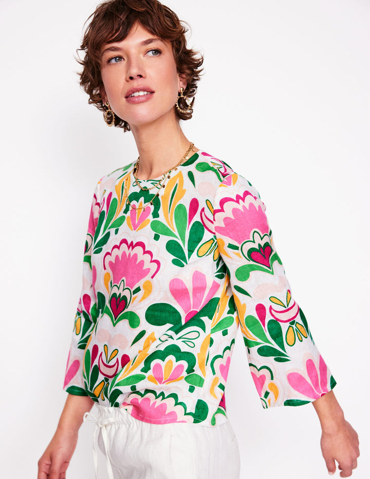 Fluted Sleeve Linen Top-Multi, Freesia Stamp