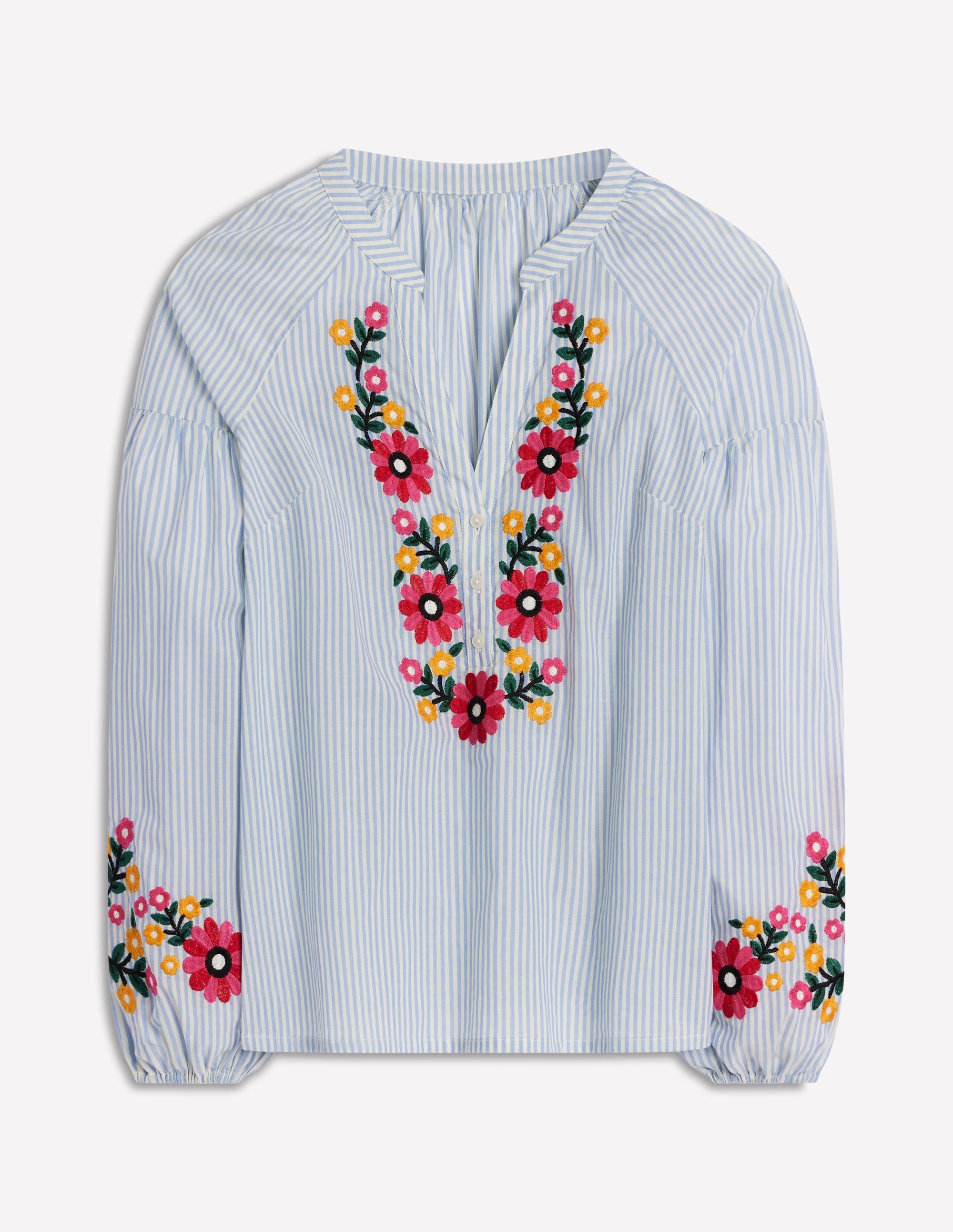 Raglan Embroidered Cotton Top-Ivory, Navy Stripe - Image 5