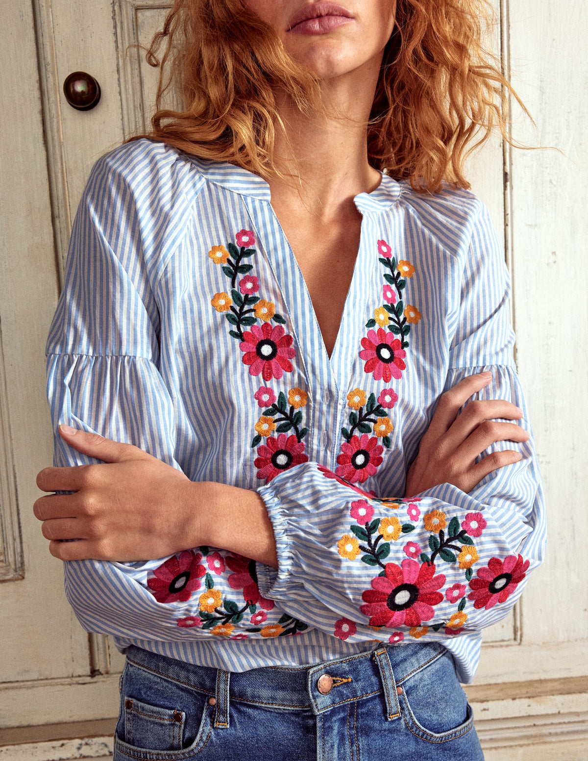 Raglan Embroidered Cotton Top-Ivory, Navy Stripe - Image 2
