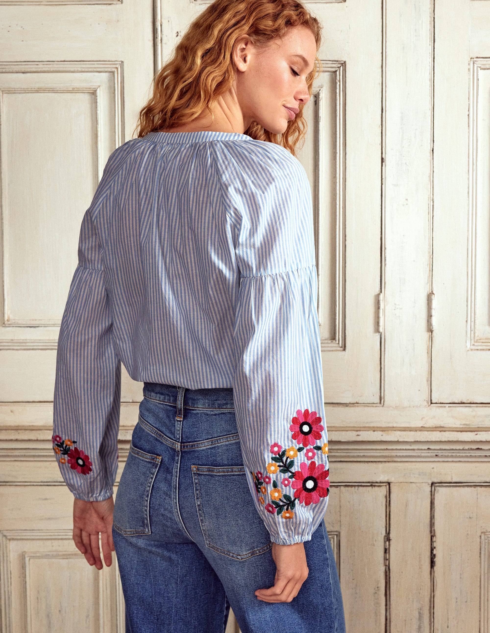 Raglan Embroidered Cotton Top-Ivory, Navy Stripe - Image 3