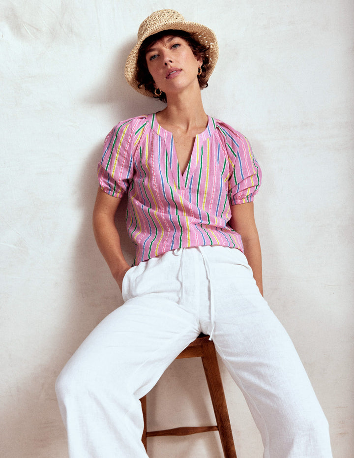 Brooke Cotton Top-Neon Pink Seersucker Stripe