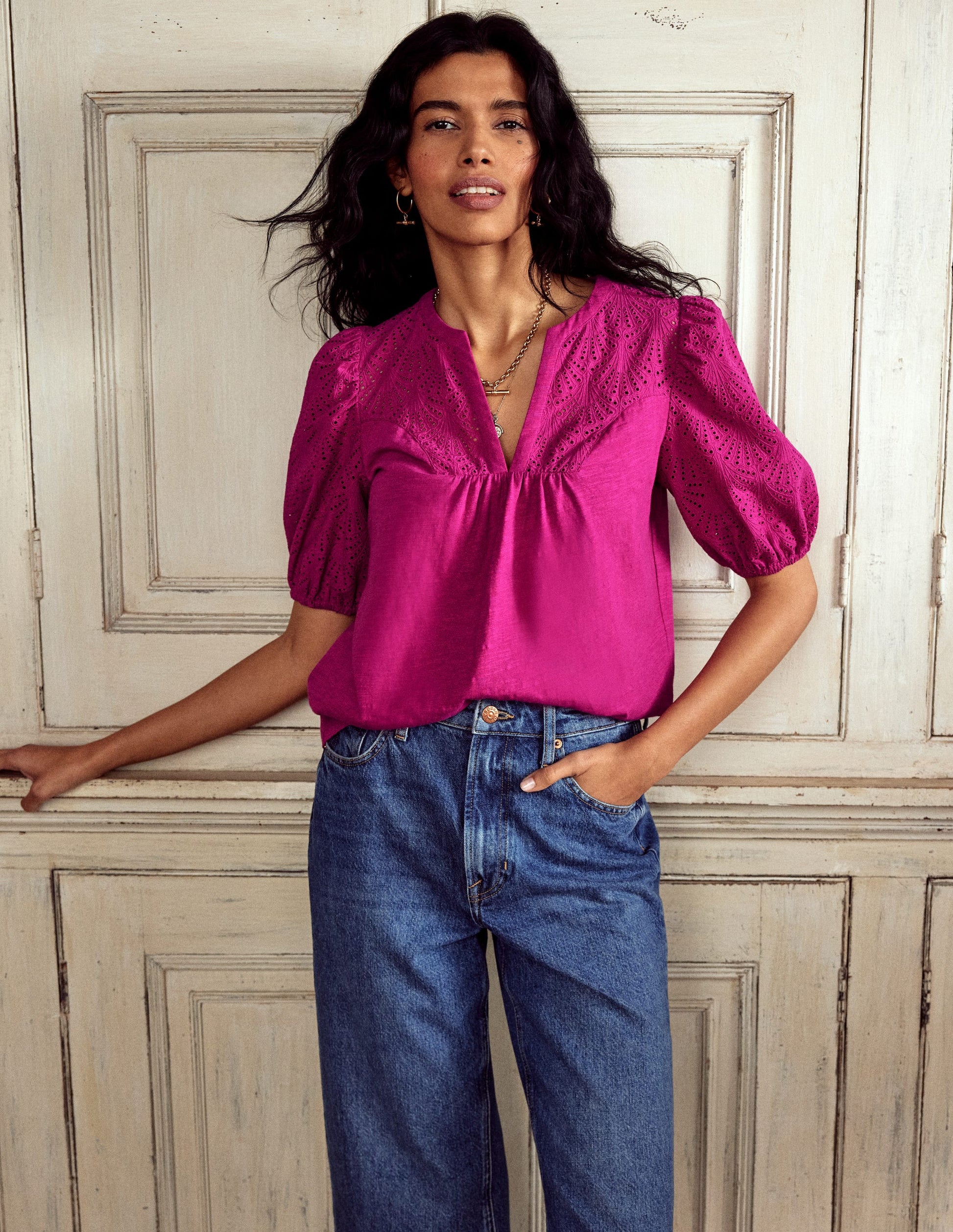 Dolly Broderie Top-Fuchsia-1