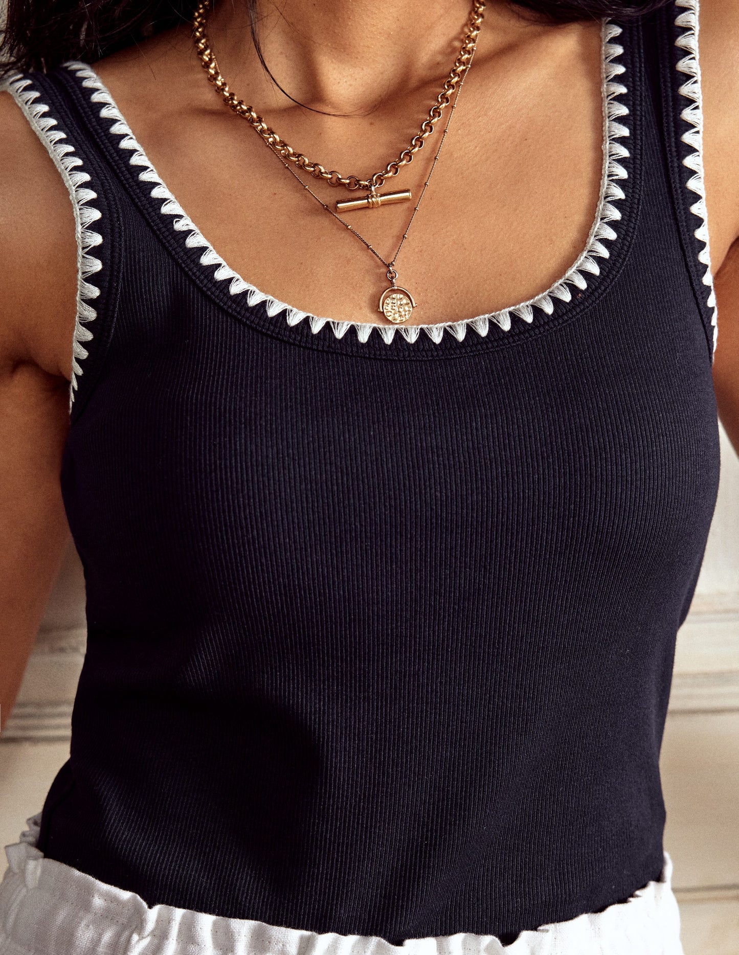 Crochet Trim Tank Top-Navy