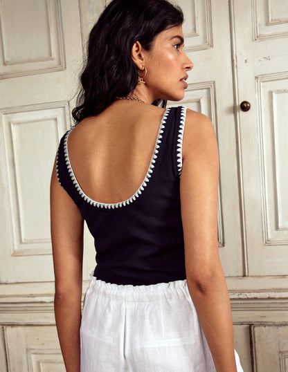 Crochet Trim Tank Top-Navy-3