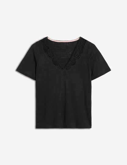 Lace Trim Linen T-shirt-Black-5