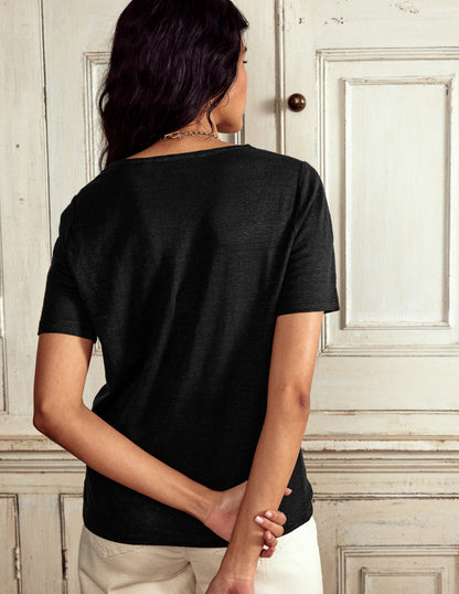 Lace Trim Linen T-shirt-Black-3