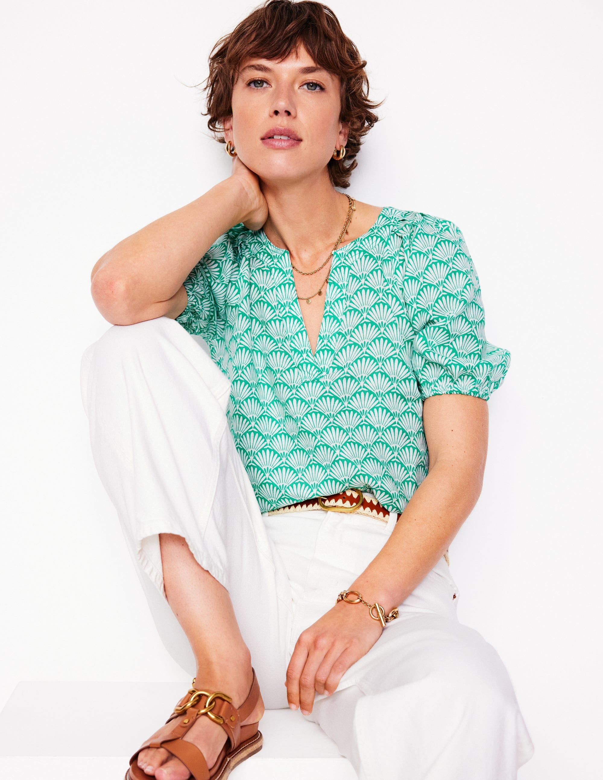 Brooke Linen Top-Aquamarine, Deco Palm - Image 1