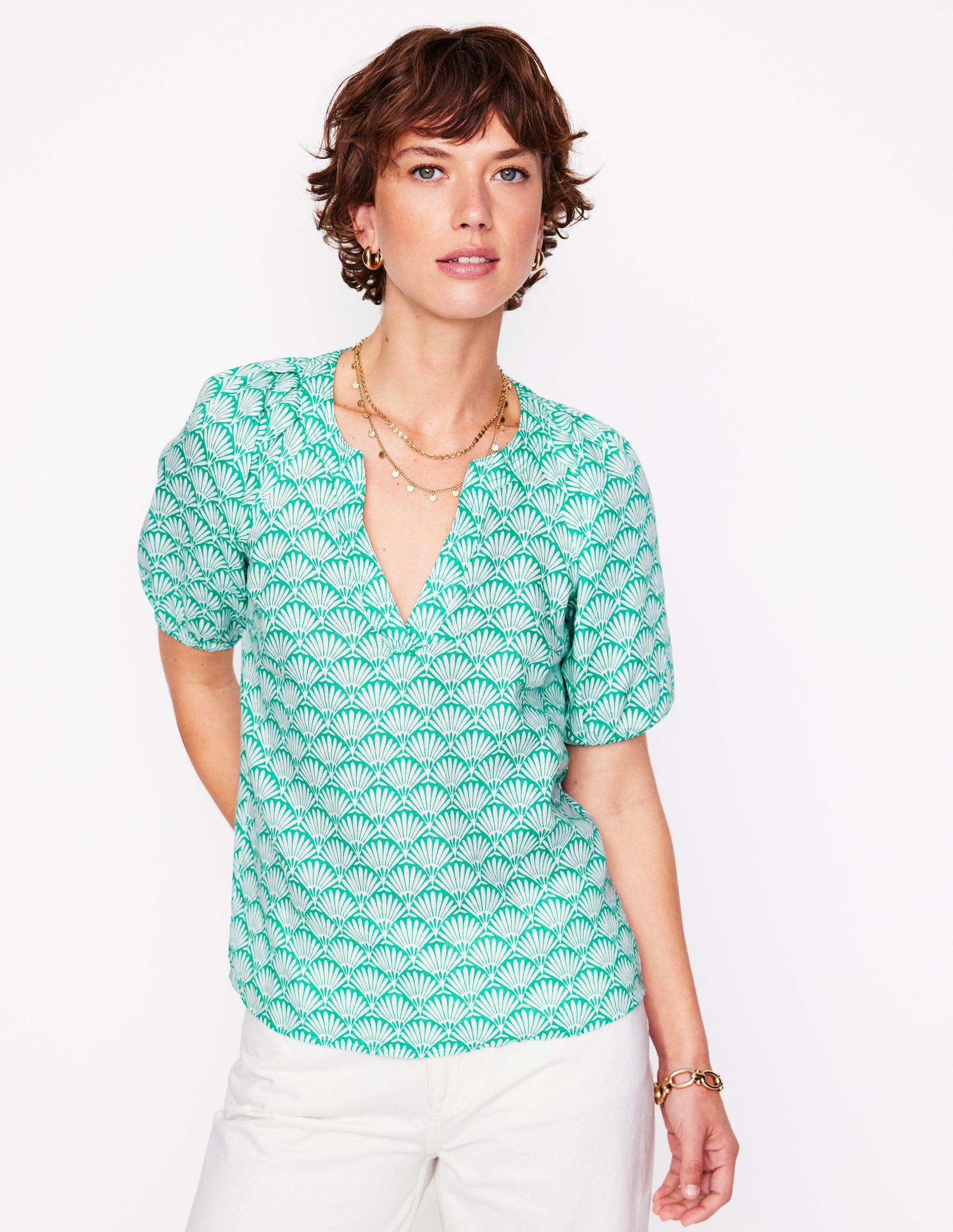Brooke Linen Top-Aquamarine, Deco Palm - Image 5