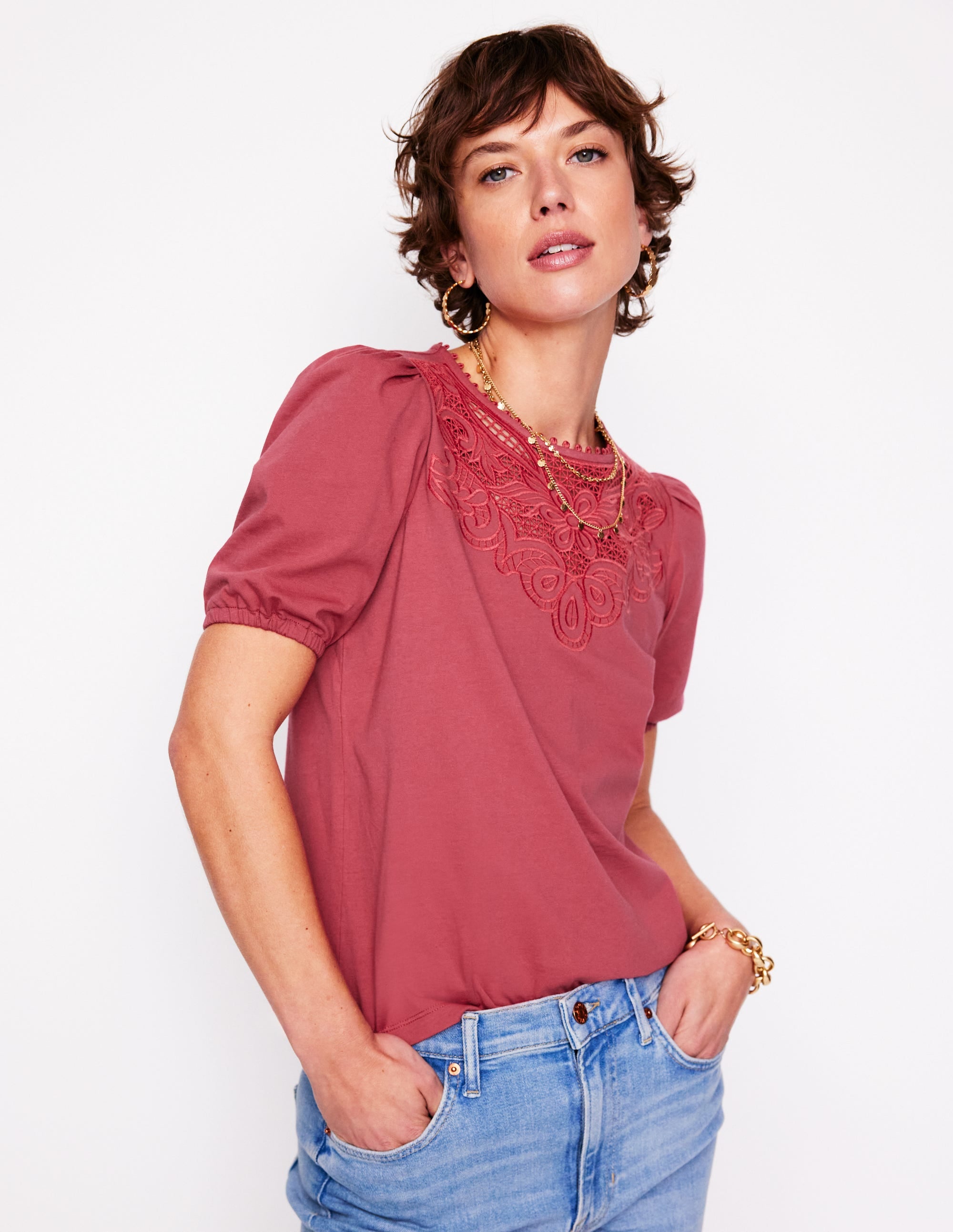 Cutwork Puff Sleeve T-Shirt-Teracotta - Image 1