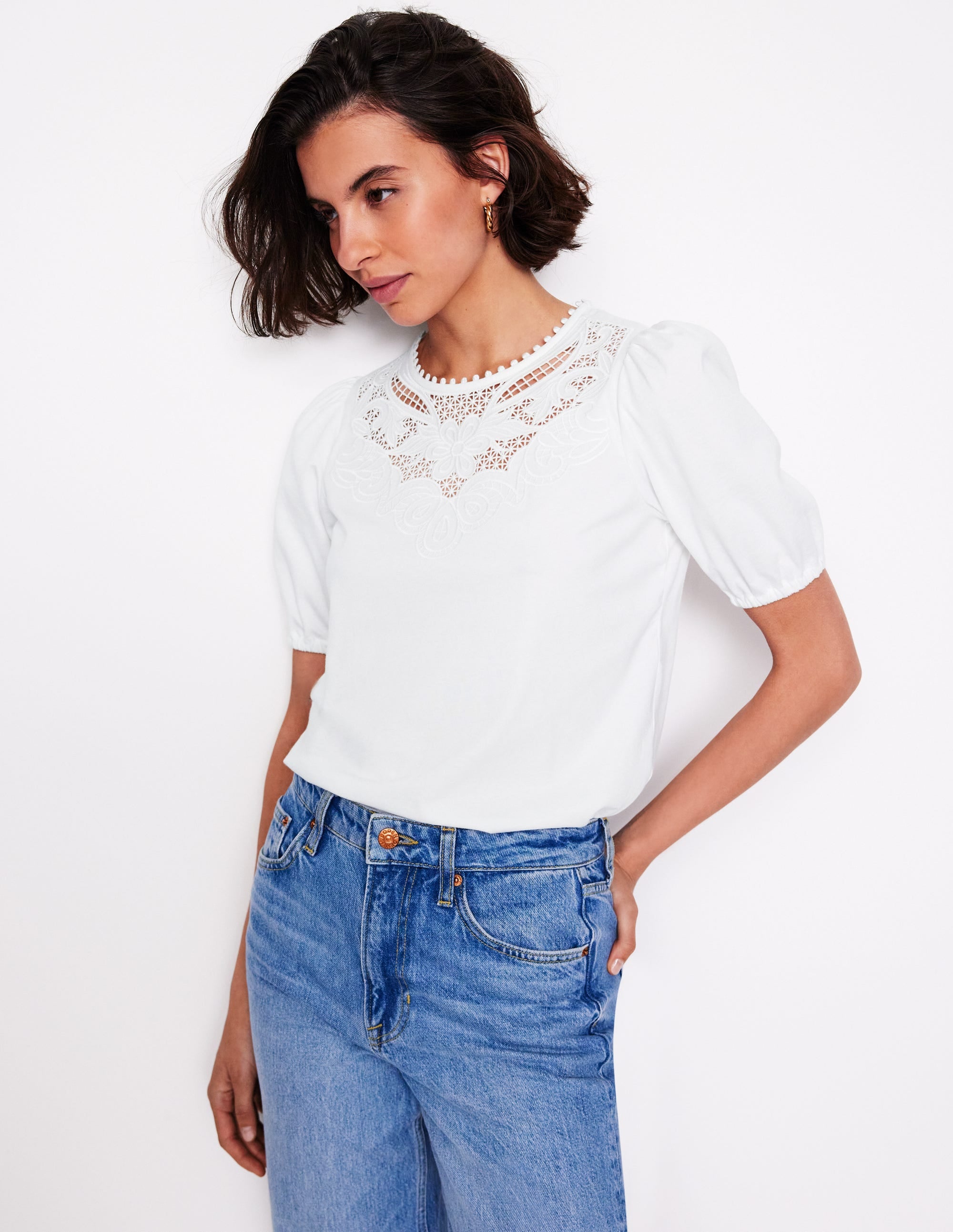 Cutwork Puff Sleeve T-Shirt-White - Image 1