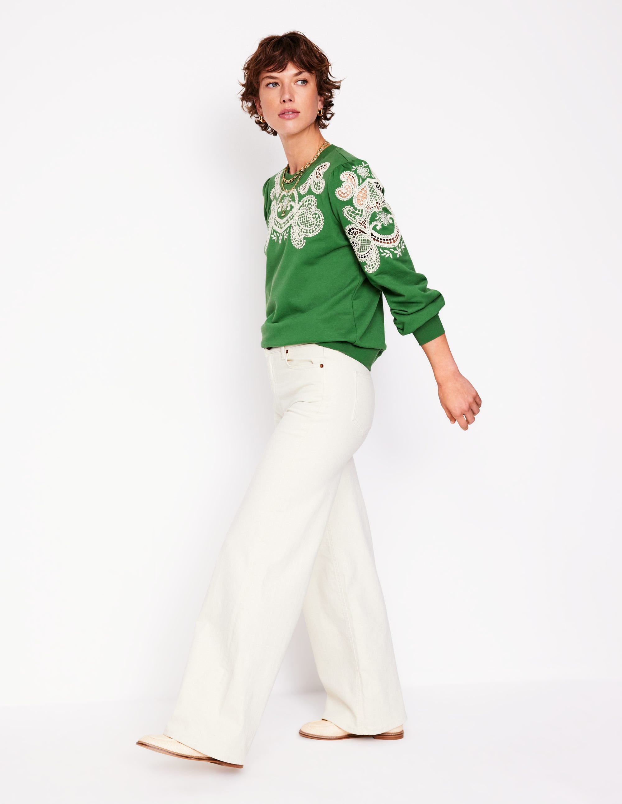 Puff Sleeve Cutwork Sweatshirt-Paradise Green - Image 1