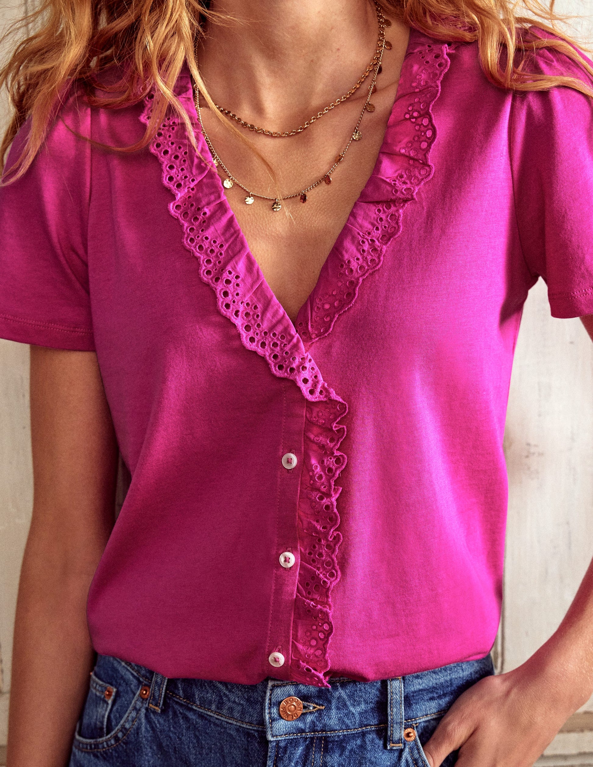 Broderie V-Neck Top-Cosmos Pink-2