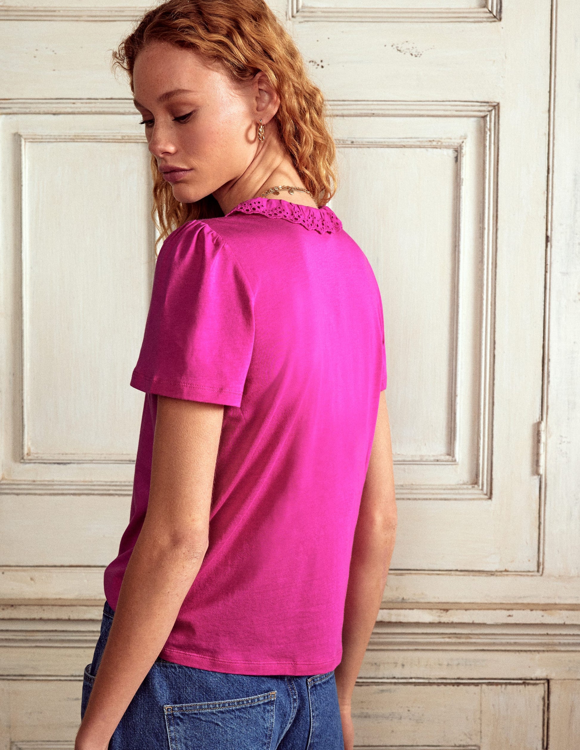 Broderie V-Neck Top-Cosmos Pink-3