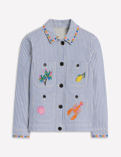 Embroidered Utility Jacket-Forget me not Blue Fine Stripe-8