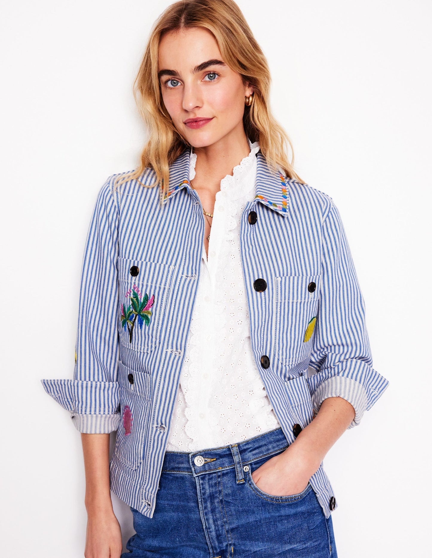 Embroidered Utility Jacket-Forget me not Blue Fine Stripe