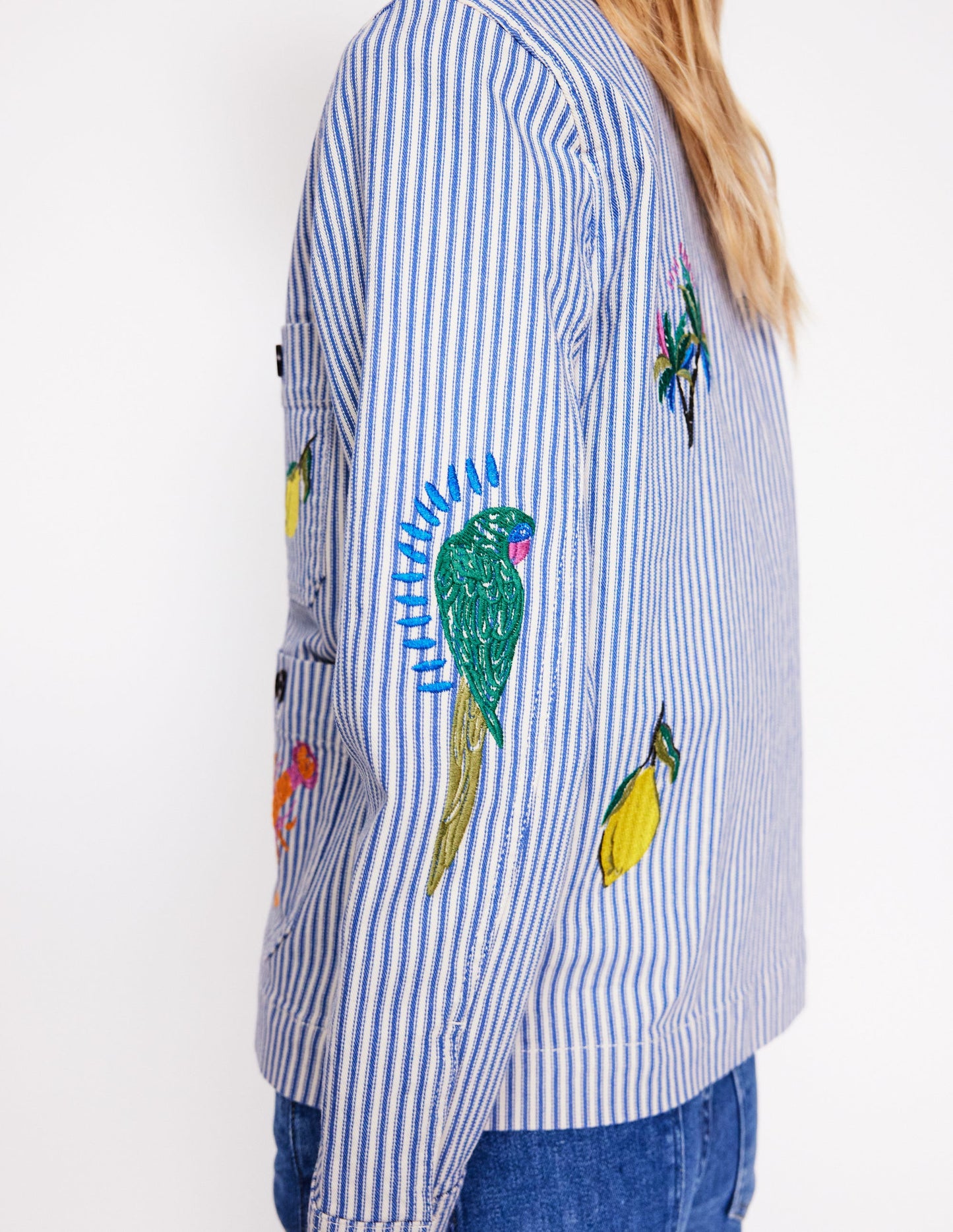 Embroidered Utility Jacket-Forget me not Blue Fine Stripe