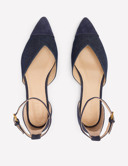 Pointed Toe Cap Flats-Navy Suede/Denim