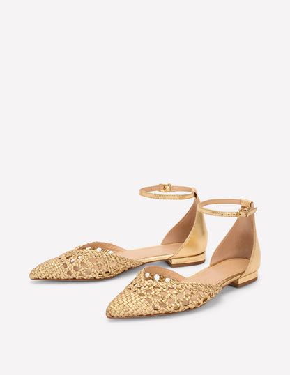 Pointed Toe Cap Flats-Gold Woven Leather