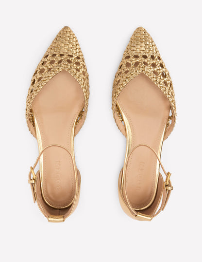 Pointed Toe Cap Flats-Gold Woven Leather