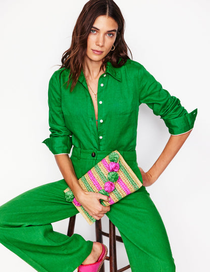 Fringe Raffia Clutch-Pink/Green-2