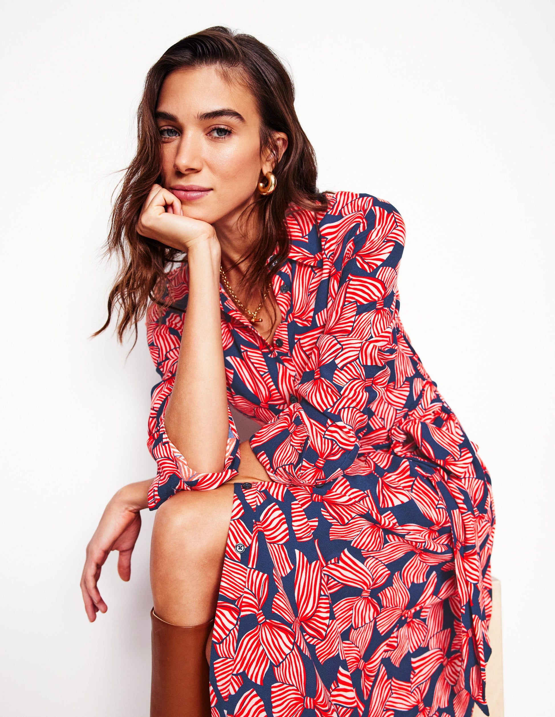 kate midi shirt dress Kate Midi Shirt Dress-French Navy, Bow Scatter