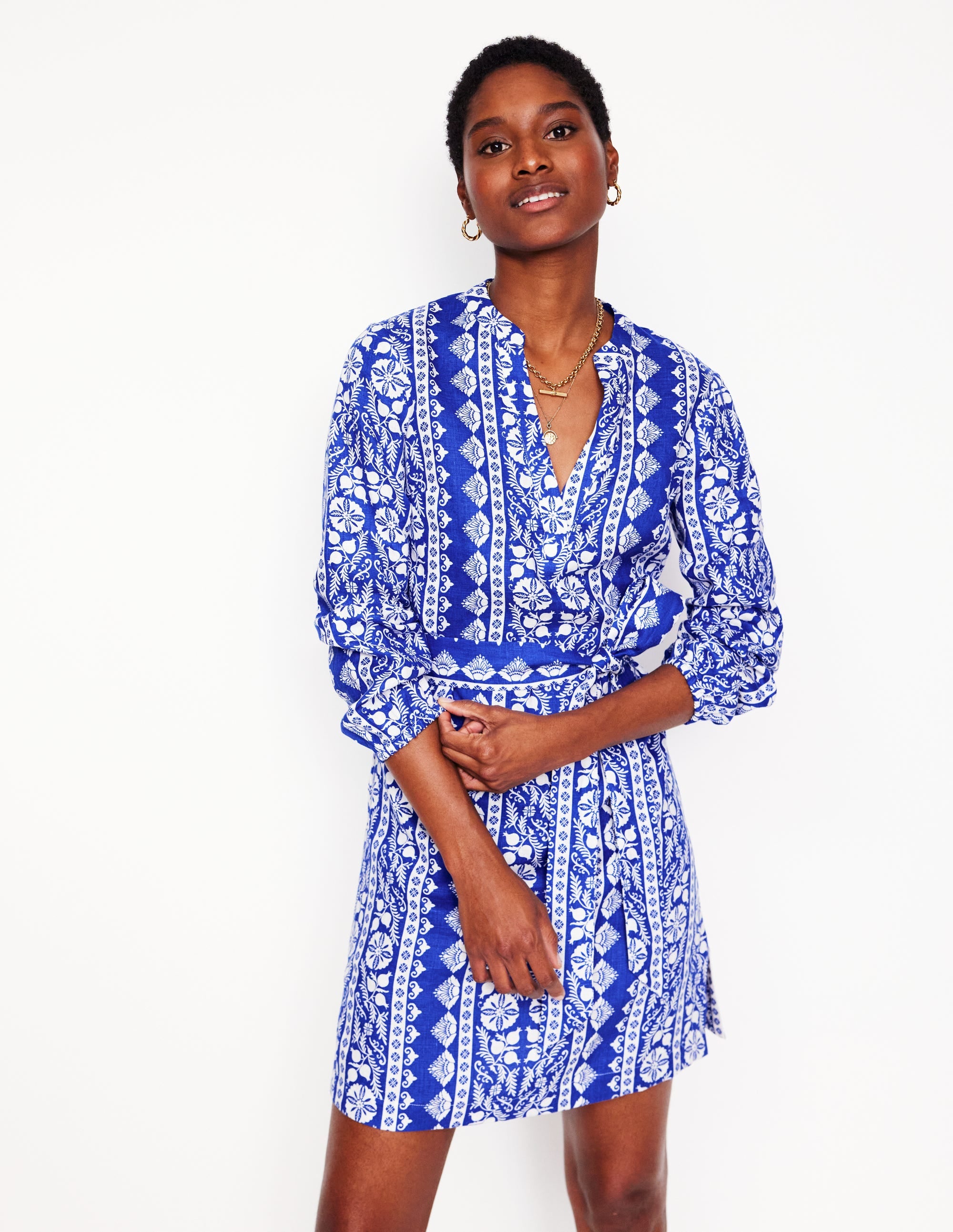 Cleo Linen Tie Waist Dress-Bright Blue, Ornate Border - Image 1
