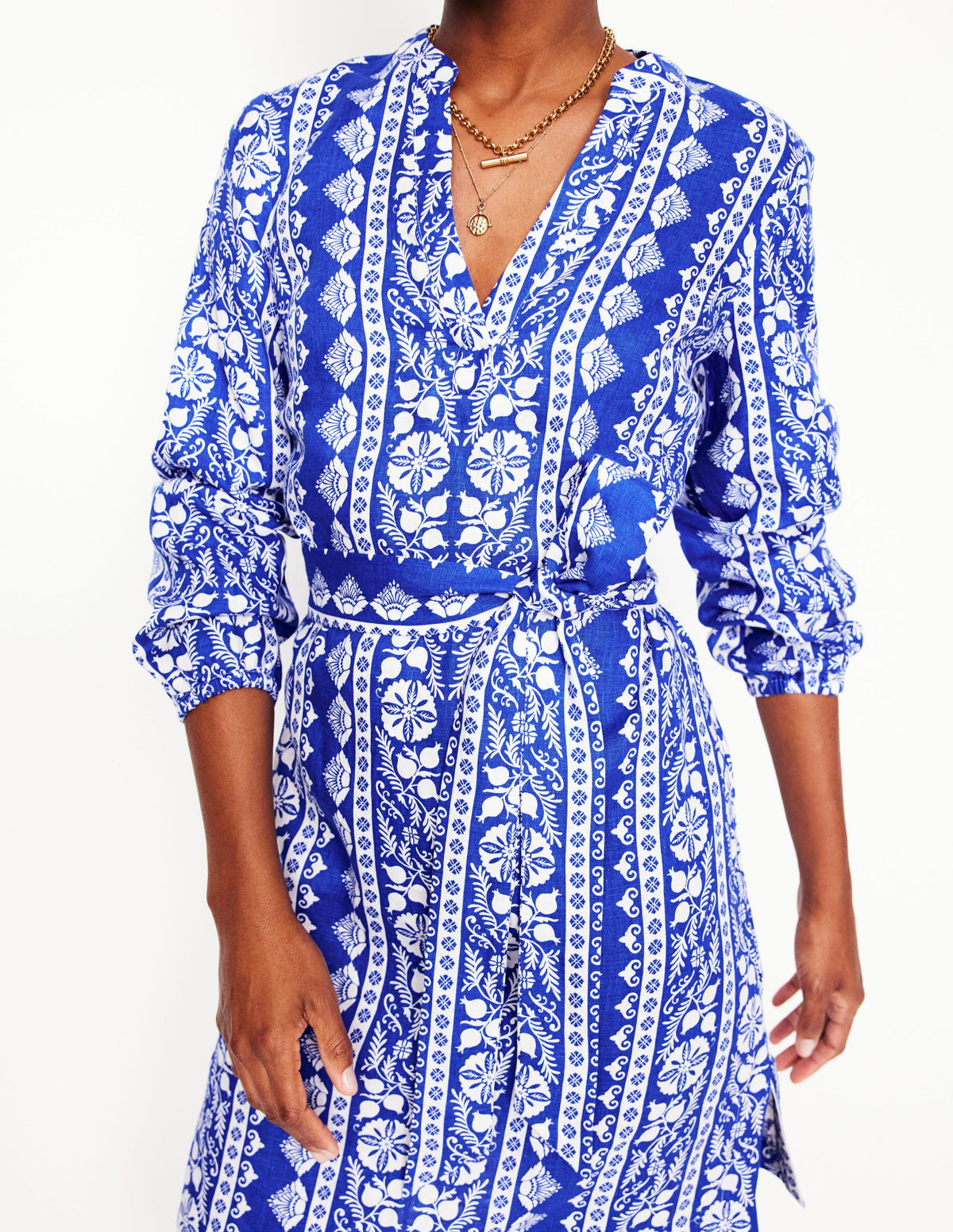 Cleo Linen Tie Waist Dress-Bright Blue, Ornate Border - Image 3