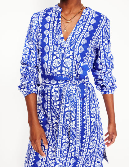 Cleo Tie Waist Linen Dress-Bright Blue, Ornate Stripe