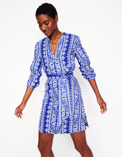 Cleo Tie Waist Linen Dress-Bright Blue, Ornate Stripe