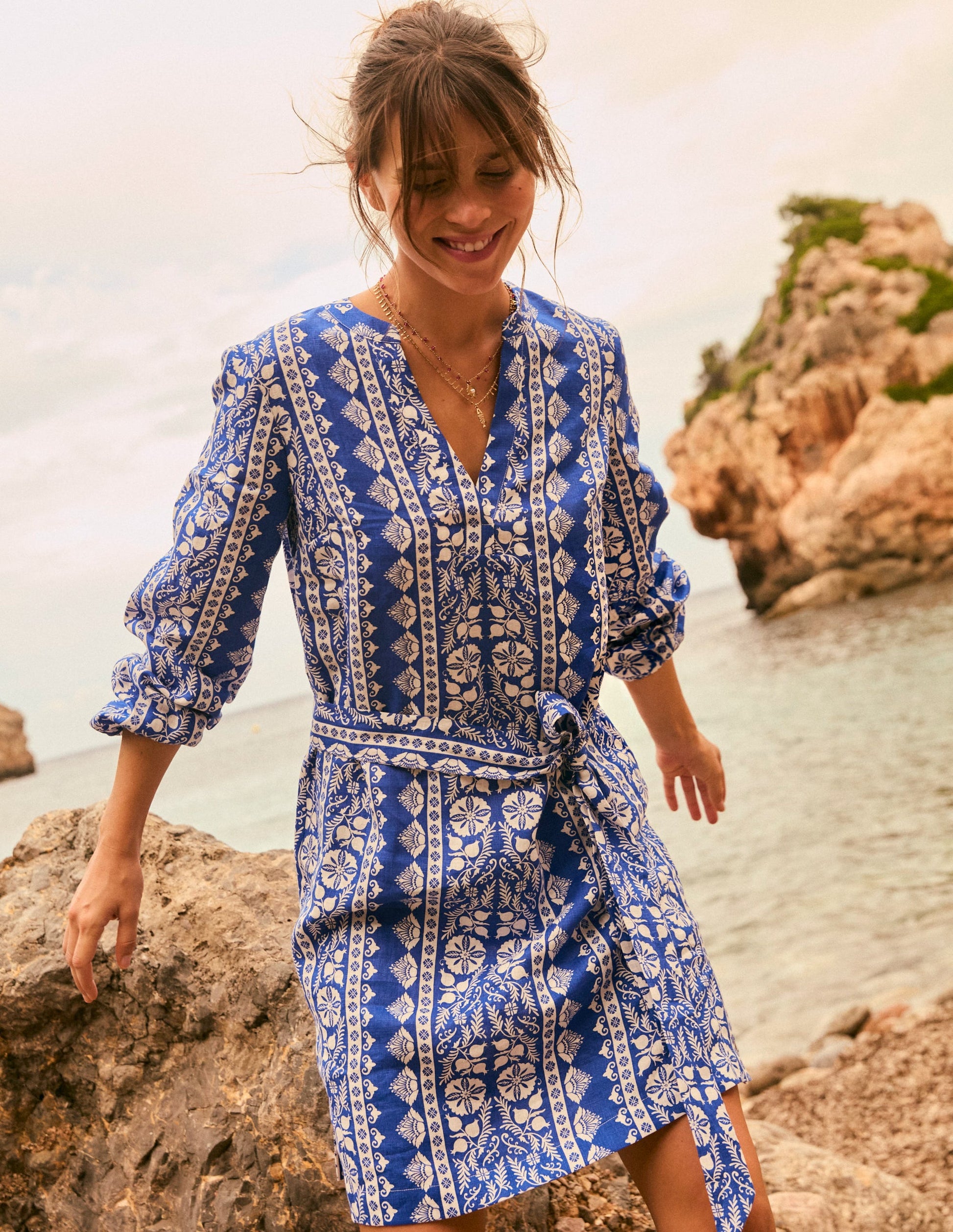 Cleo Linen Tie Waist Dress-Bright Blue, Ornate Border | Boden USA Cleo Linen Tie Waist Dress-Bright Blue, Ornate Border | Boden USA
