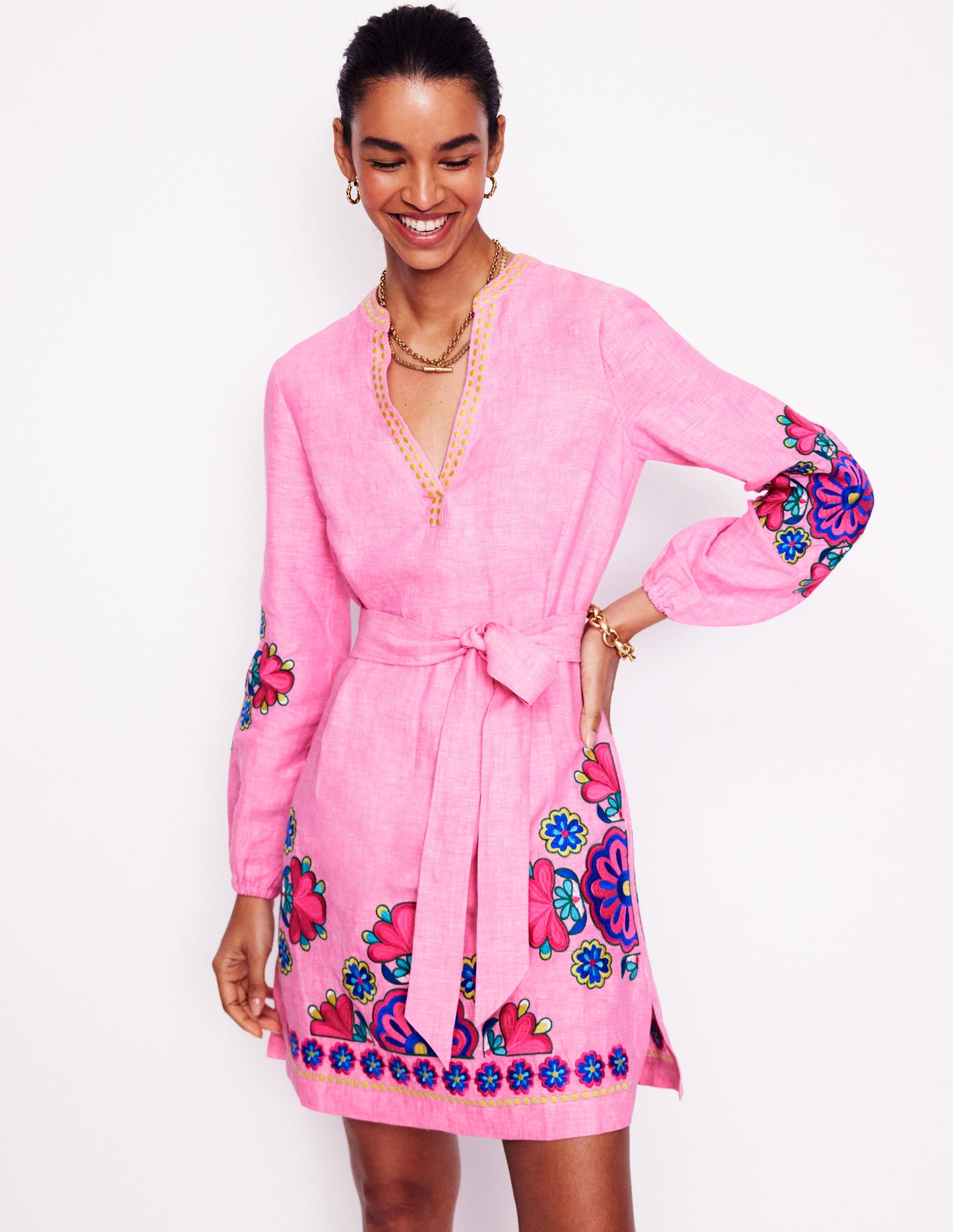 Cleo Tie Waist Linen Dress-Pink Chambray Embroidery