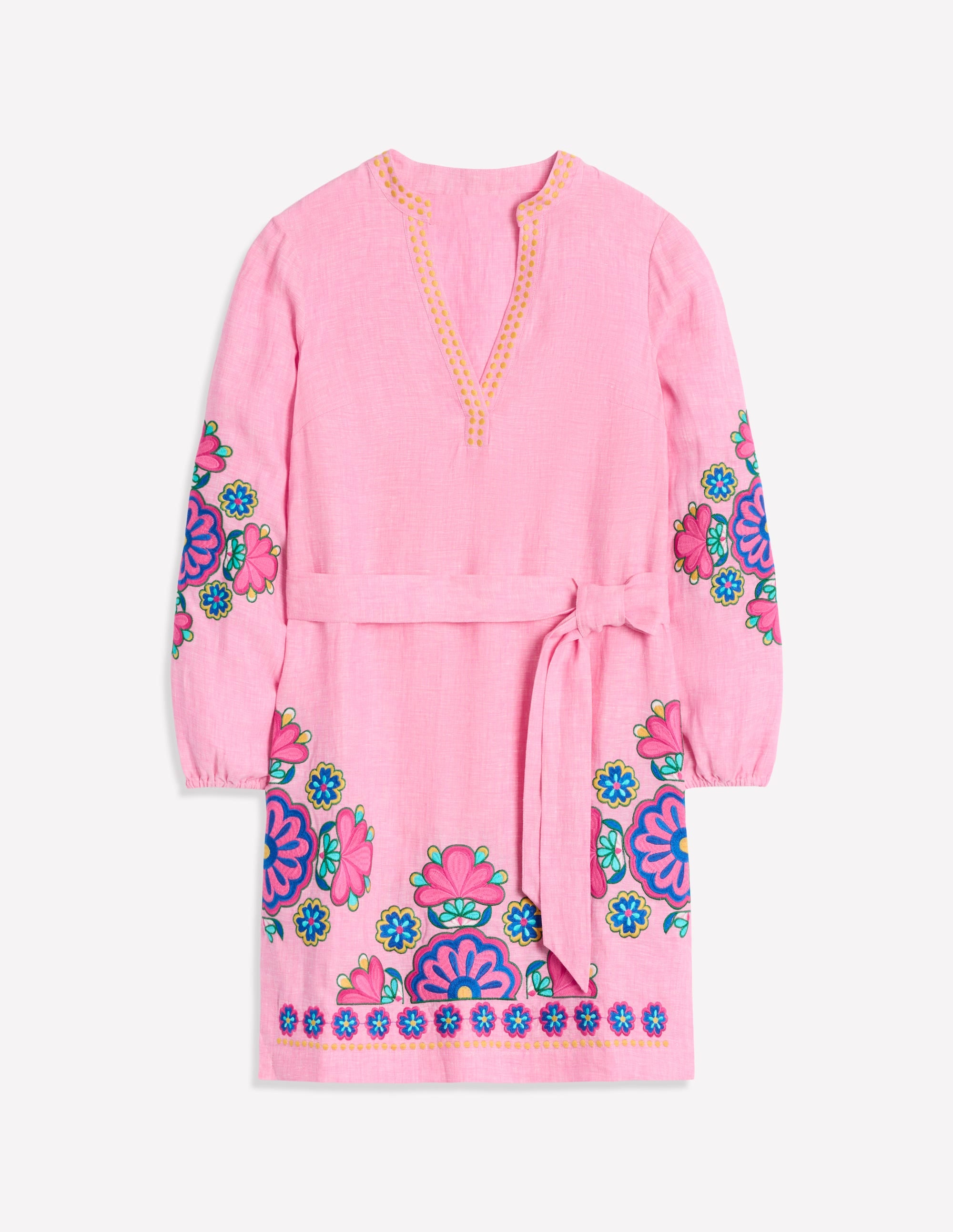 Cleo Linen Tie Waist Dress-Pink Chambray Embroidery - Image 6
