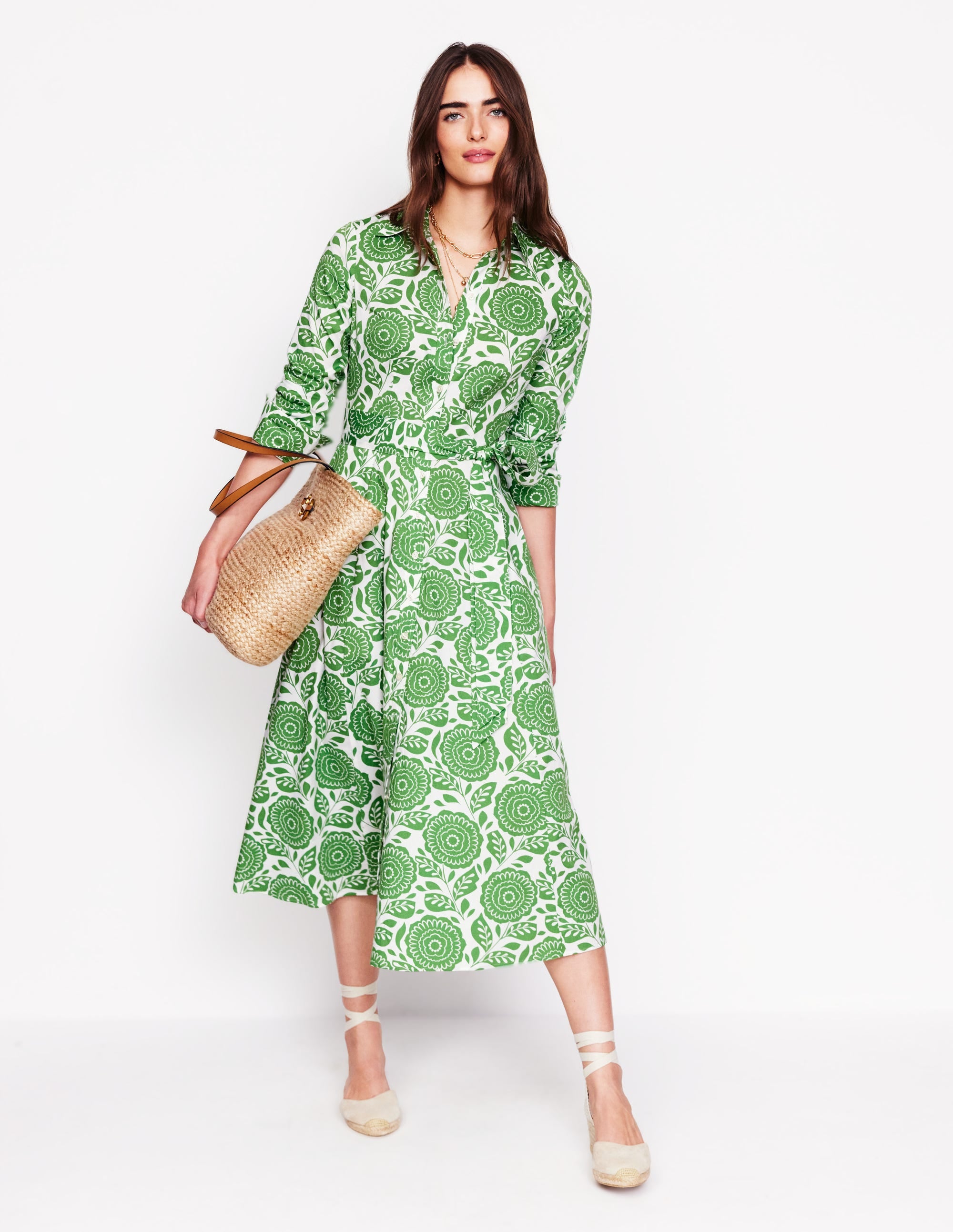 Amy Cotton Midi Shirt Dress-Paradise Green, Dahlia Stamp - Image 1