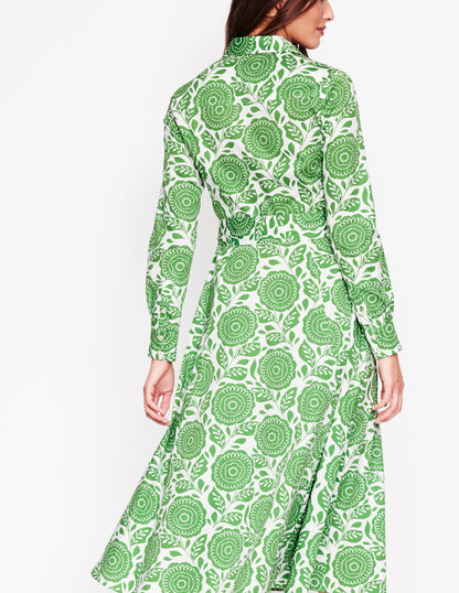 Amy Cotton Midi Shirt Dress-Iguana Green, Dahlia Stamp