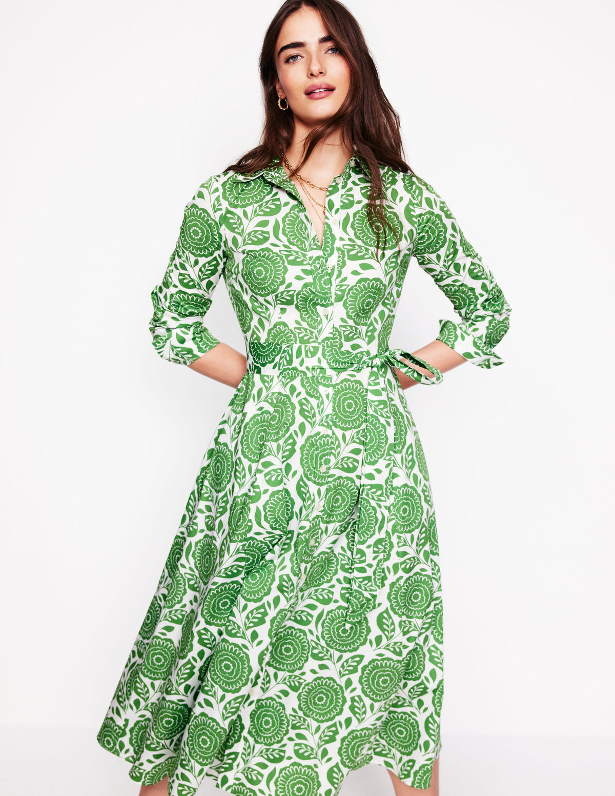 Amy Cotton Midi Shirt Dress-Paradise Green, Dahlia Stamp - Image 5