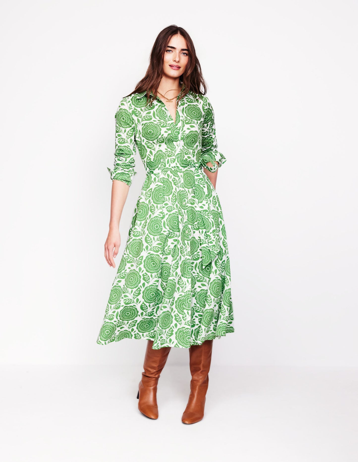 Amy Cotton Midi Shirt Dress-Iguana Green, Dahlia Stamp